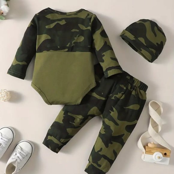 Baby Boy's Camouflage Long Sleeve Suit, NEW TO THE CREW Letter Printed Romper - Picture 2 of 6